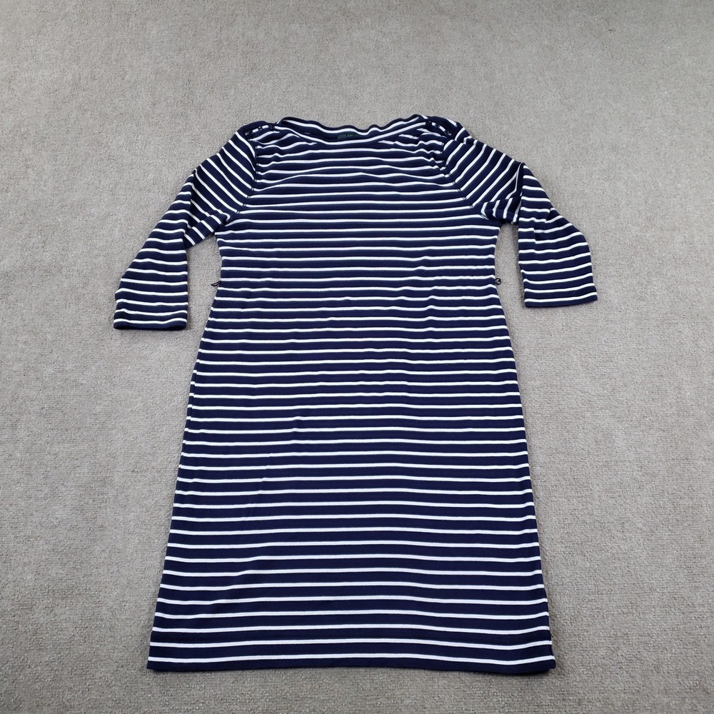 Lauren Ralph Lauren Dress Womens XL Blue Striped Shift Band Neck Button Shoulder